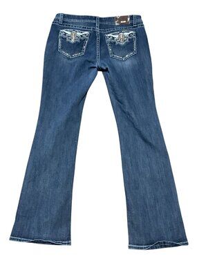 Grace Bootcut Jeans Sz 33 Embroidered Southwestern Pockets Medium Wash Distresse